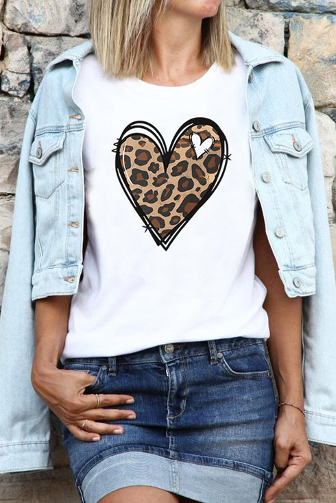 White Leopard Heart Pattern Print Valentines T Shirt
