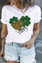 White Lucky Four Leaf Clover Heart Printed Crewneck Plus Size Tee