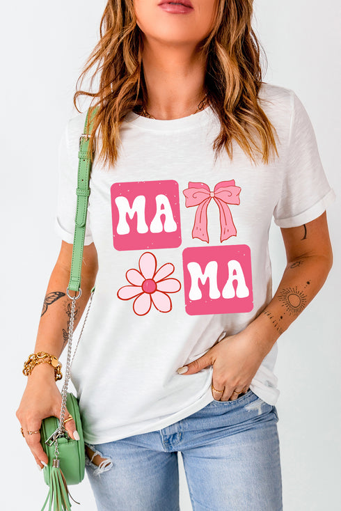 White MAMA Bow Flower Print Crewneck T Shirt