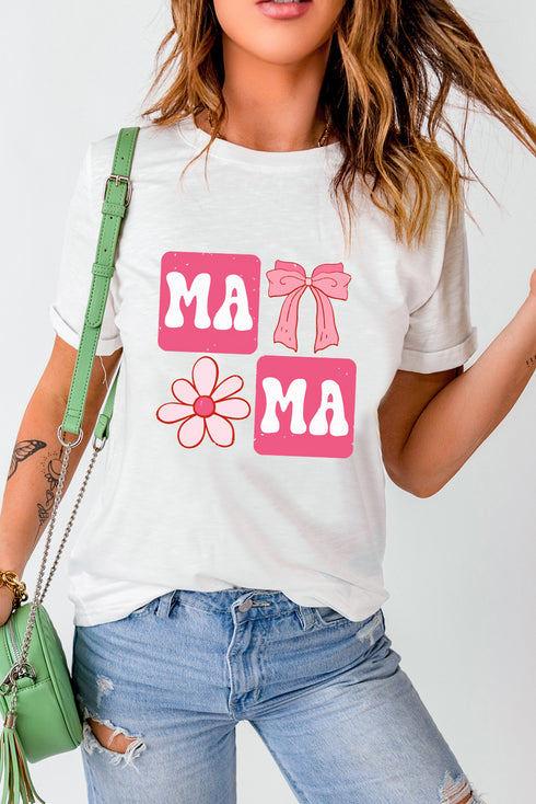 White MAMA Bow Flower Print Crewneck T Shirt