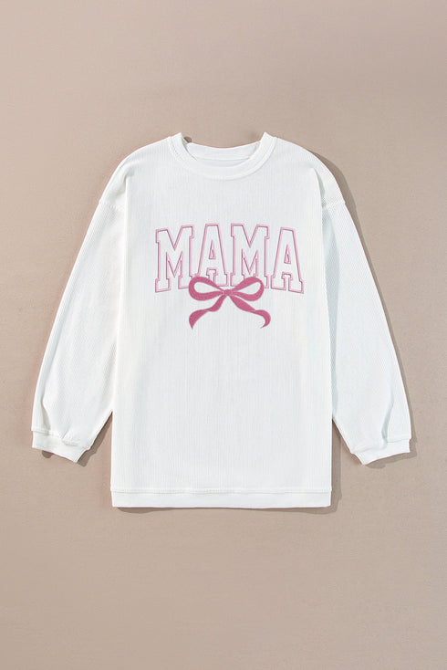 White MAMA Bowknot Embroidered Ribbed Pullover Sweatshirt