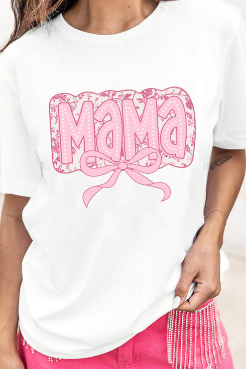 White MaMa Bowknot Graphic Crewneck Mothers Day T Shirt