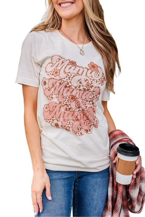 White Mama Flower Leopard Print Short Sleeve Graphic Tee