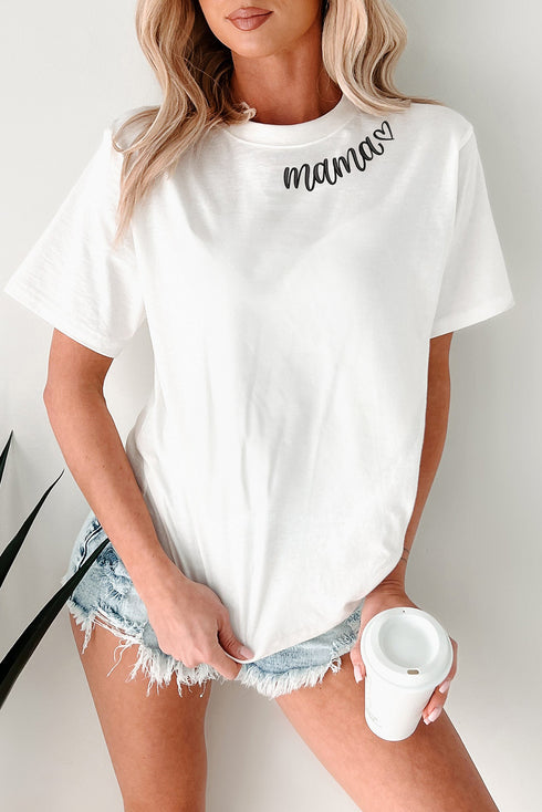 White mama Heart Embroidered Crew Neck T Shirt