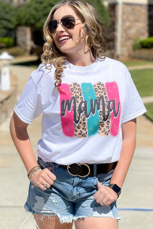 White Mama Leopard Brush Stroke Graphic Print T Shirt