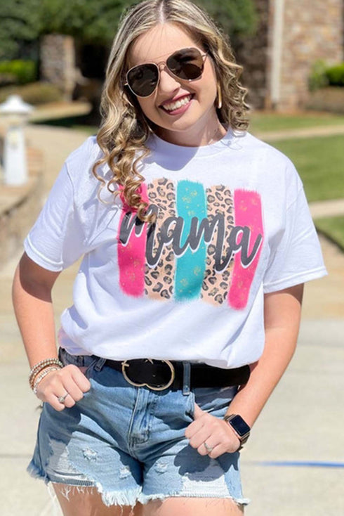 White Mama Leopard Brush Stroke Graphic Print T Shirt