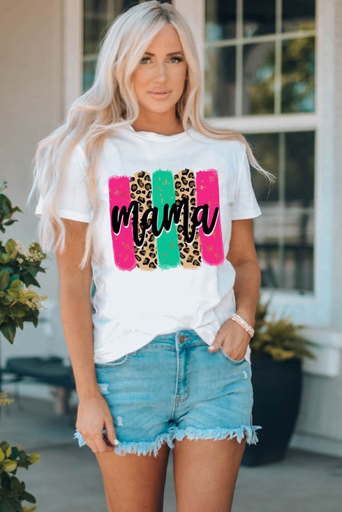White Mama Leopard Brush Stroke Graphic Print T Shirt