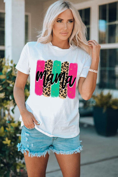 White Mama Leopard Brush Stroke Graphic Print T Shirt