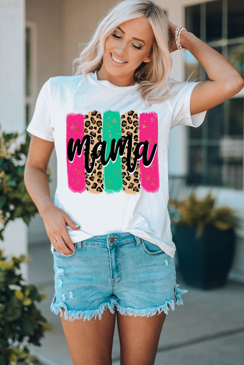 White Mama Leopard Brush Stroke Graphic Print T Shirt
