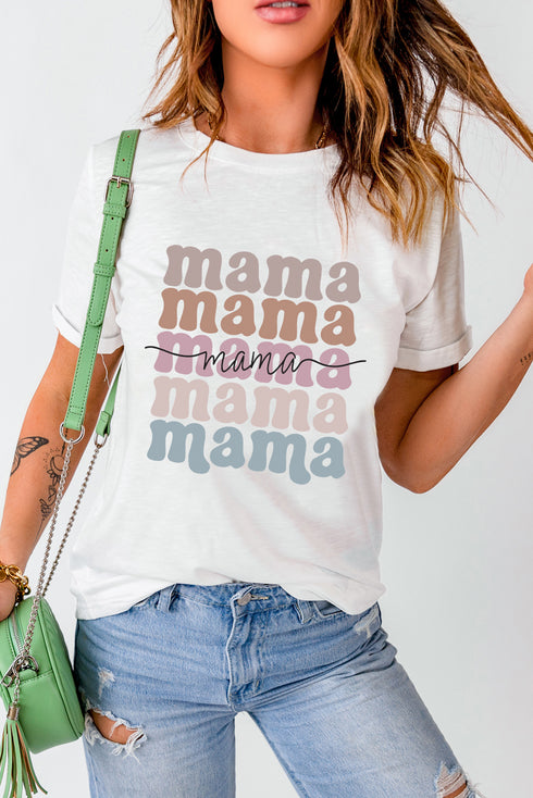 White mama Lettering Printed Crew Neck Tee