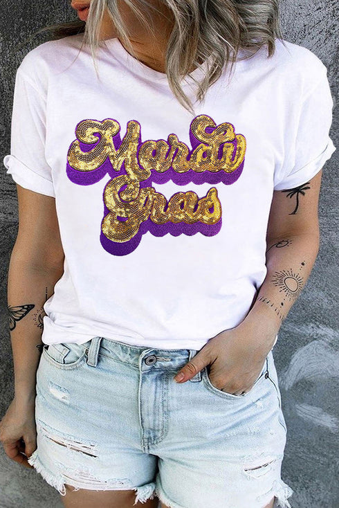 White Mardi Gras Sequin Chenille Graphic Plus Size Tee
