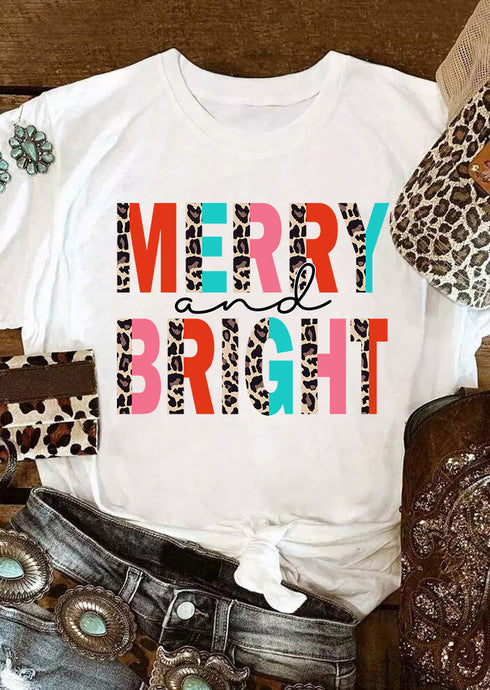 White Merry And Bright Leopard Print Short Sleeve Graphic Tee