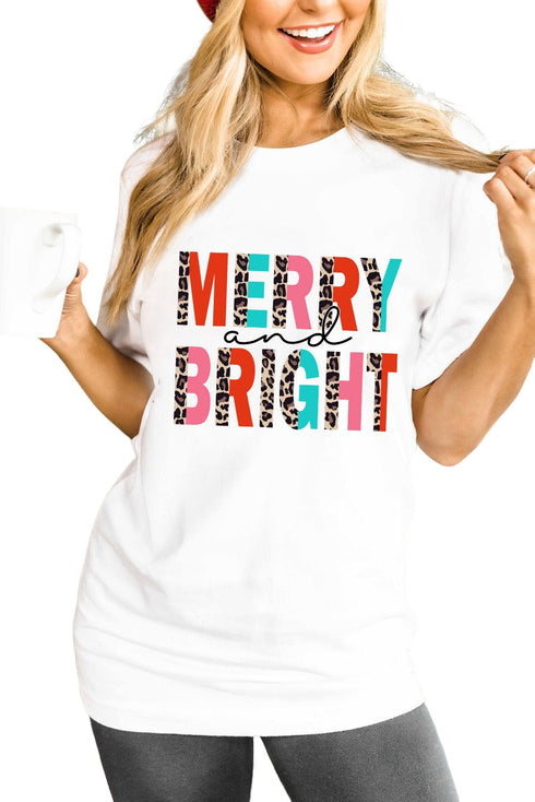White Merry And Bright Leopard Print Short Sleeve Graphic Tee