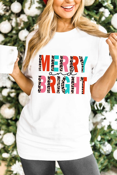 White Merry And Bright Leopard Print Short Sleeve Graphic Tee