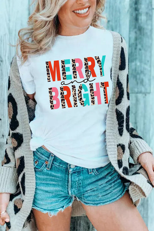 White Merry And Bright Leopard Print Short Sleeve Graphic Tee