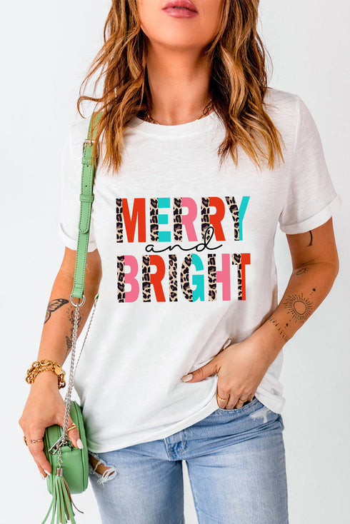 White Merry And Bright Leopard Print Short Sleeve Graphic Tee