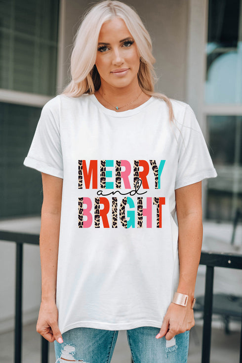 White Merry And Bright Leopard Print Short Sleeve Graphic Tee