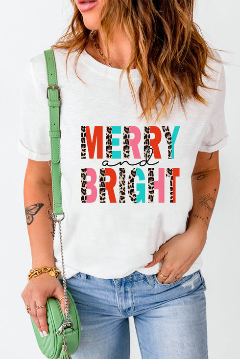 White Merry And Bright Leopard Print Short Sleeve Graphic Tee