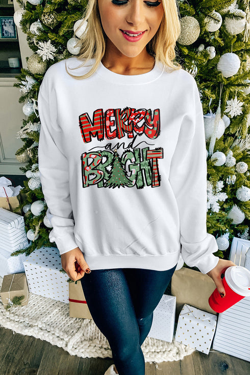 White Merry Bright Christmas Graphic Print Pullover Sweatshirt