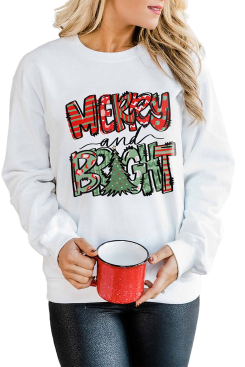 White Merry Bright Christmas Graphic Print Pullover Sweatshirt