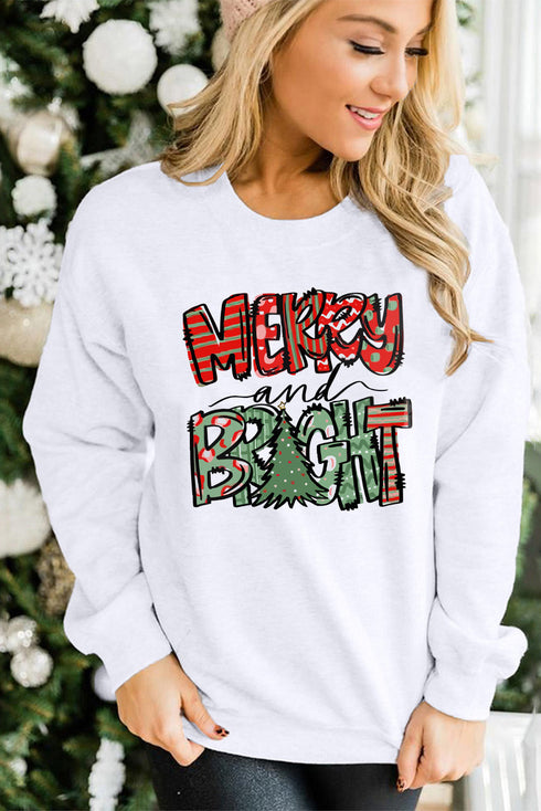 White Merry Bright Christmas Graphic Print Pullover Sweatshirt