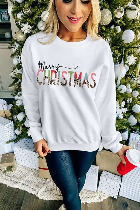 White Merry Christmas Leopard Print Long Sleeve Sweatshirt