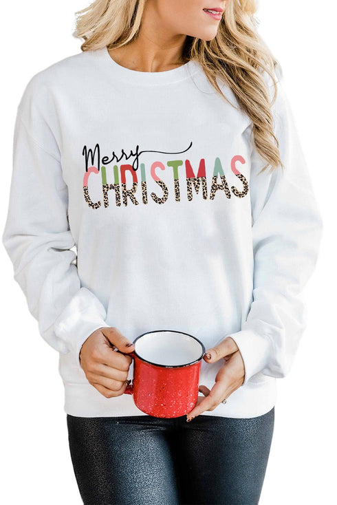 White Merry Christmas Leopard Print Long Sleeve Sweatshirt