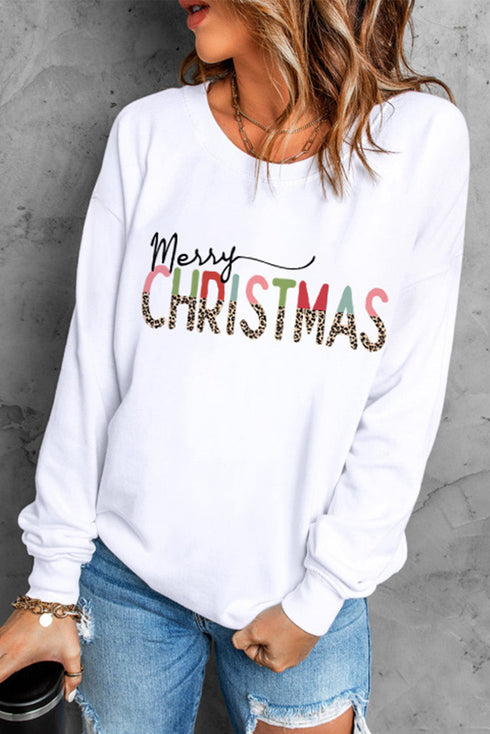 White Merry Christmas Leopard Print Long Sleeve Sweatshirt