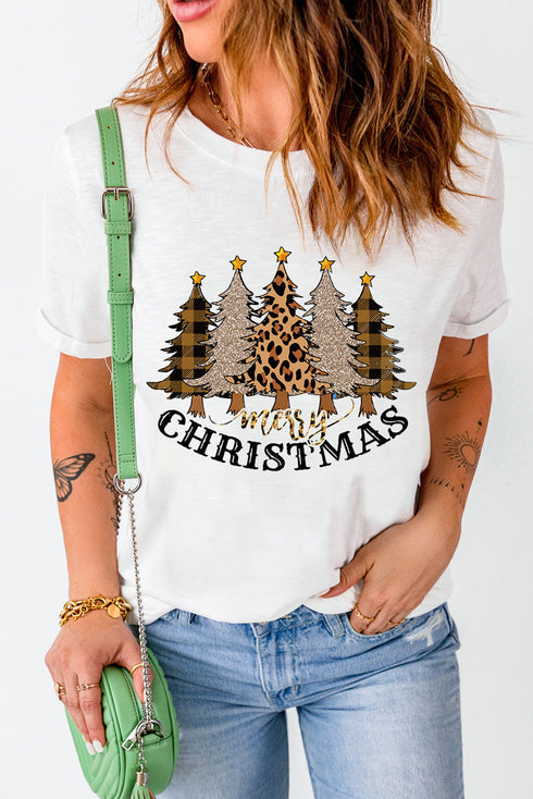 White Merry Christmas Leopard Tree Print Short Sleeve T Shirt