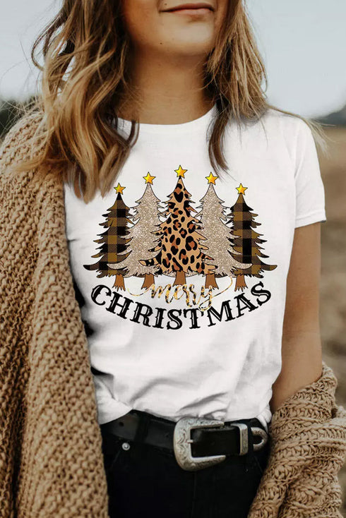 White Merry Christmas Leopard Tree Print Short Sleeve T Shirt