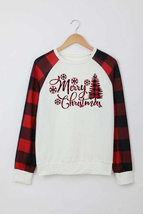 White Merry Christmas Plaid Graphic Print Long Sleeve Sweatshirt