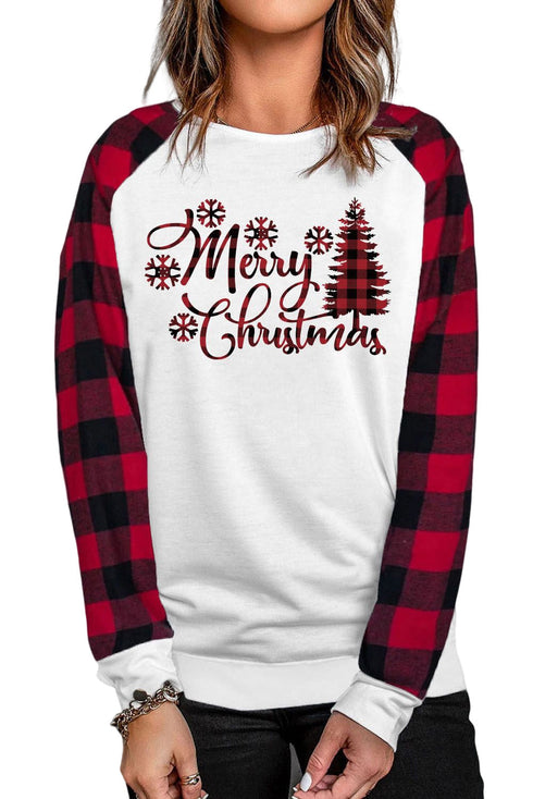 White Merry Christmas Plaid Graphic Print Long Sleeve Sweatshirt