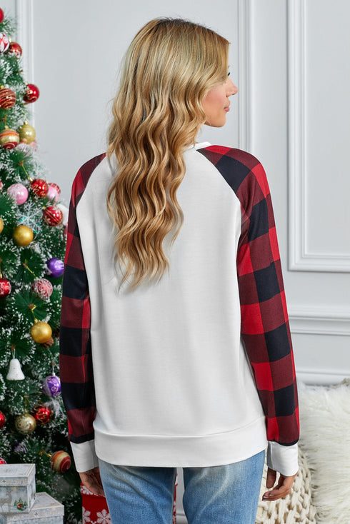 White Merry Christmas Plaid Graphic Print Long Sleeve Sweatshirt