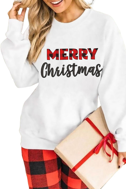 White Merry Christmas Plaid Print Pullover Sweatshirt