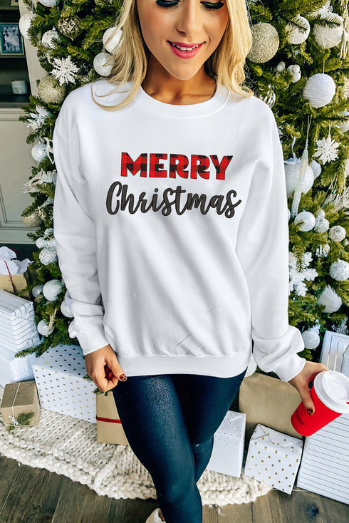 White Merry Christmas Plaid Print Pullover Sweatshirt