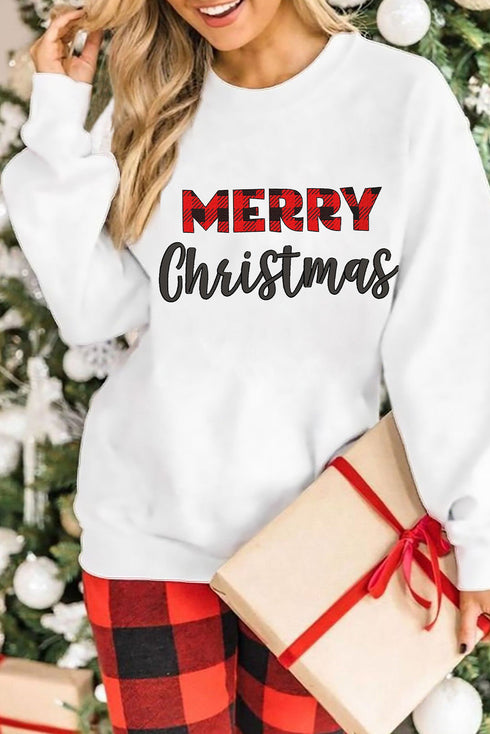 White Merry Christmas Plaid Print Pullover Sweatshirt