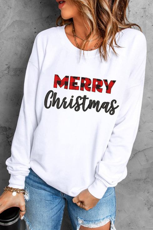 White Merry Christmas Plaid Print Pullover Sweatshirt