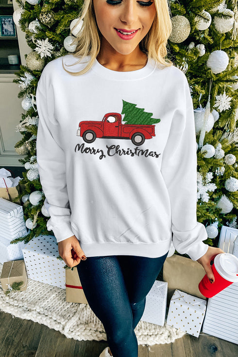 White Merry Christmas Truck Pattern Embroidered Pullover Sweatshirt
