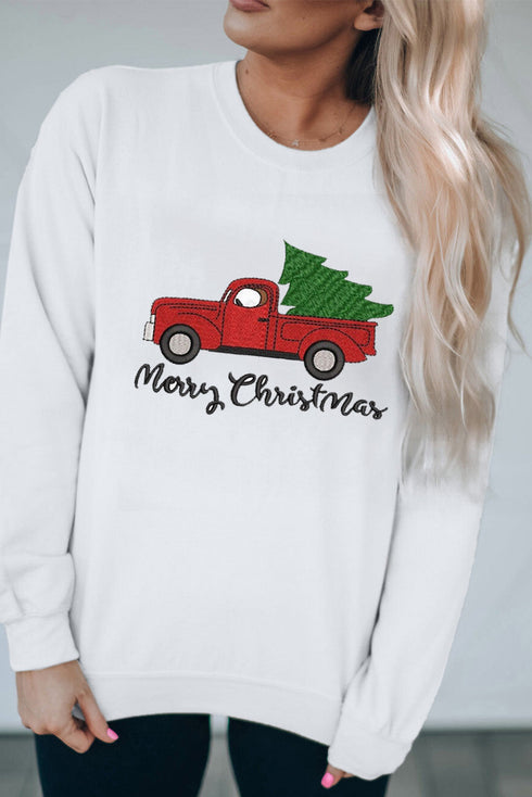 White Merry Christmas Truck Pattern Embroidered Pullover Sweatshirt