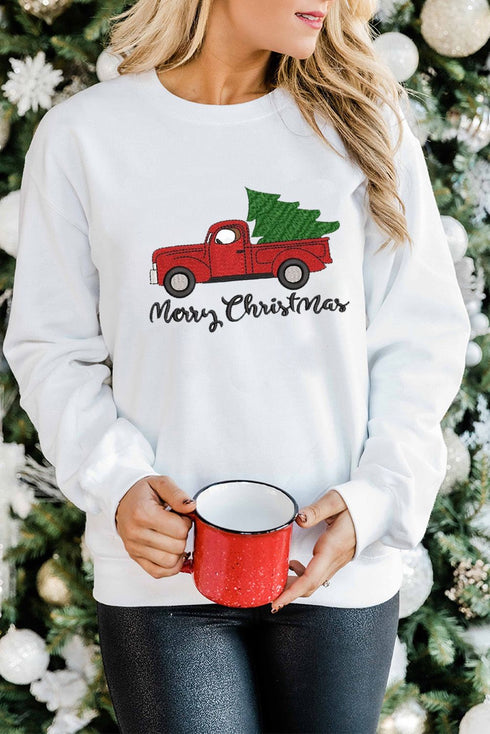 White Merry Christmas Truck Pattern Embroidered Pullover Sweatshirt