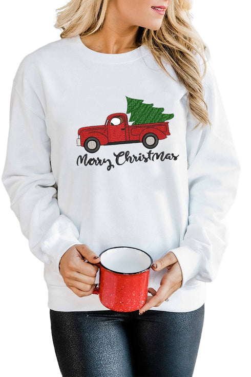 White Merry Christmas Truck Pattern Embroidered Pullover Sweatshirt