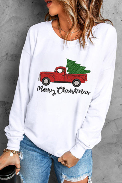 White Merry Christmas Truck Pattern Embroidered Pullover Sweatshirt