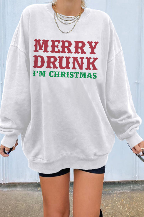 White Merry Drunk Letter Print Oversized Sweatshirt