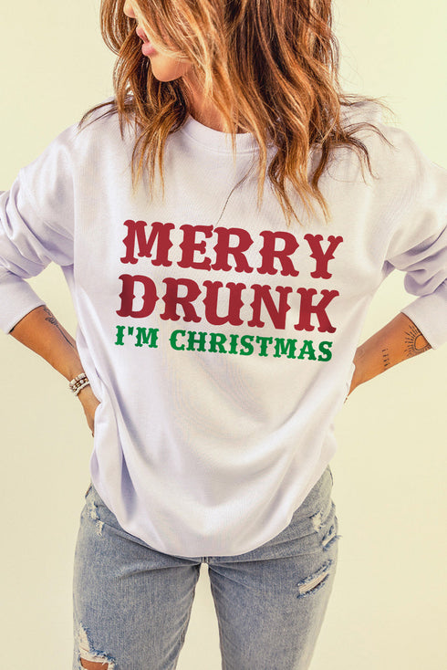 White Merry Drunk Letter Print Oversized Sweatshirt