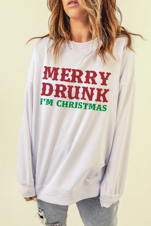 White Merry Drunk Letter Print Oversized Sweatshirt