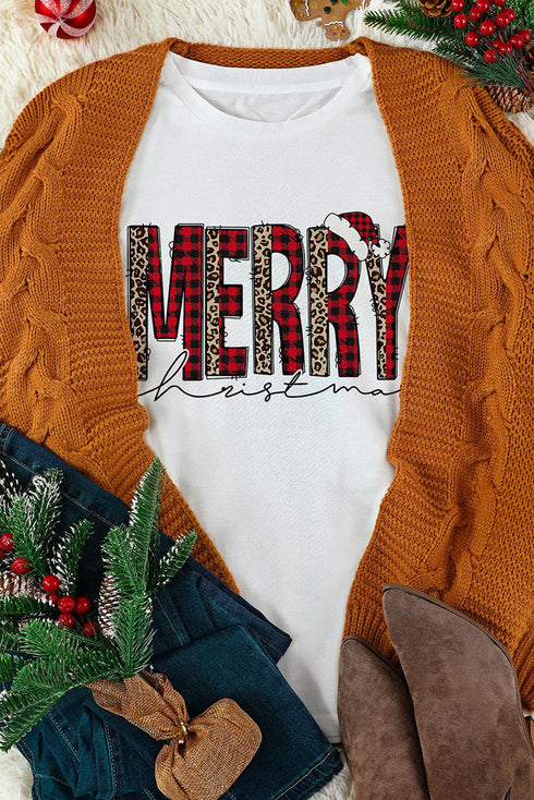 White Merry Plaid Leopard Print Short Sleeve T Shirt