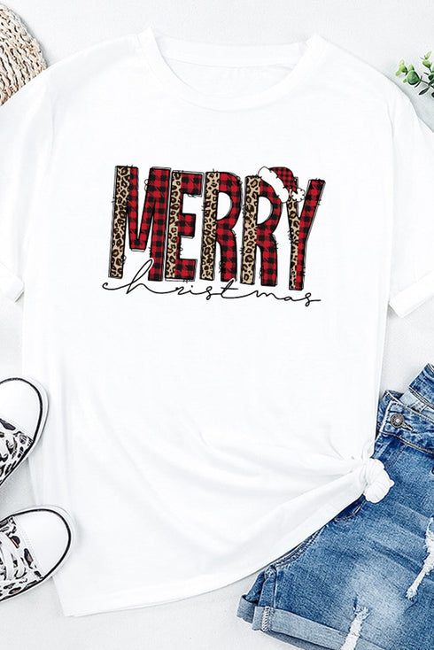 White Merry Plaid Leopard Print Short Sleeve T Shirt