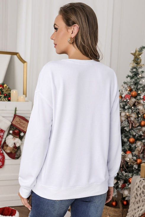 White Merry Plaid Print Crew Neck Pullover Sweatshirt