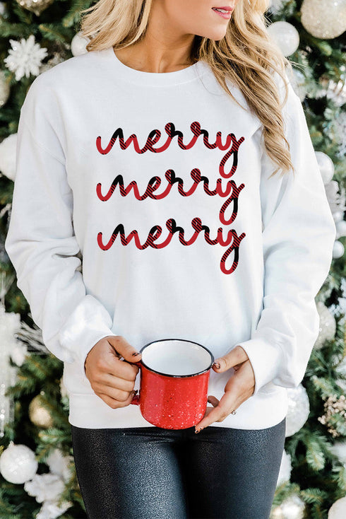 White Merry Plaid Print Crew Neck Pullover Sweatshirt