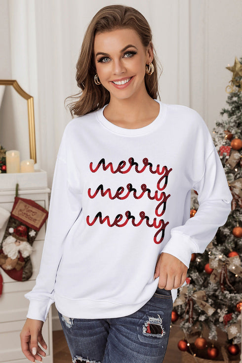 White Merry Plaid Print Crew Neck Pullover Sweatshirt